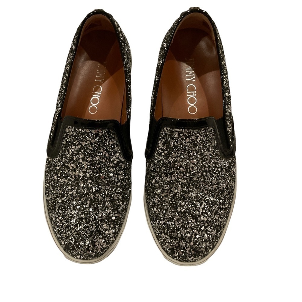 Jimmy Choo Demi Coarse Glitter Slip-Ons Sneakers Black and Silver